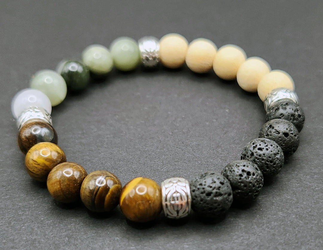 Handmade Beaded Stretch Bracelet - Volcanic, Jade, Tiger's Eye, Wood
