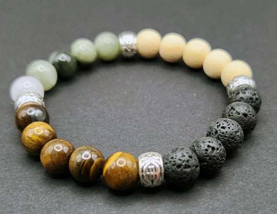 Handmade Beaded Stretch Bracelet - Volcanic, Jade, Tiger's Eye, Wood