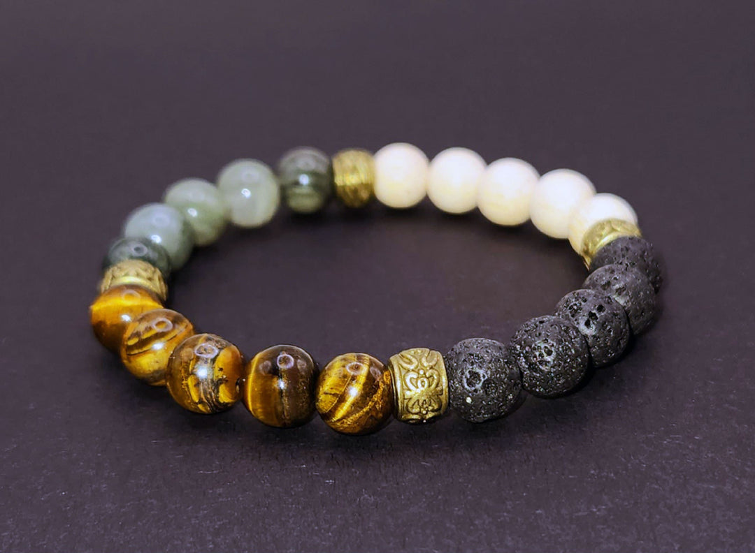 Handmade Beaded Stretch Bracelet - Volcanic, Jade, Tiger's Eye, Wood