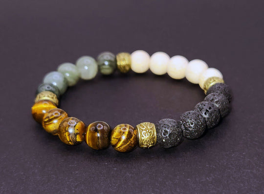 Handmade Beaded Stretch Bracelet - Volcanic, Jade, Tiger's Eye, Wood