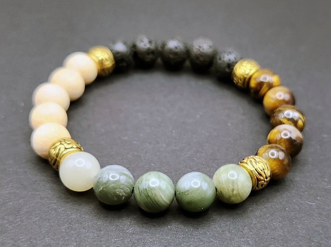 Handmade Beaded Stretch Bracelet - Volcanic, Jade, Tiger's Eye, Wood