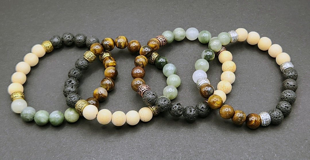 Handmade Beaded Stretch Bracelet - Volcanic, Jade, Tiger's Eye, Wood