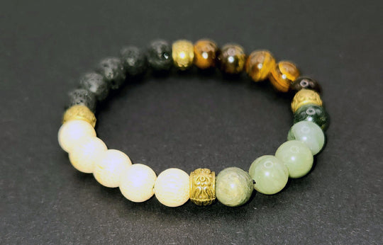 Handmade Beaded Stretch Bracelet - Volcanic, Jade, Tiger's Eye, Wood