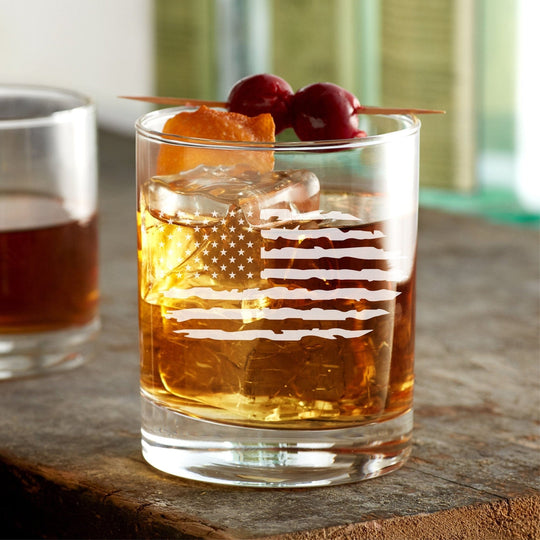 American Flag Rocks Glass - Engraved 12oz Rocks Glass Distressed v2