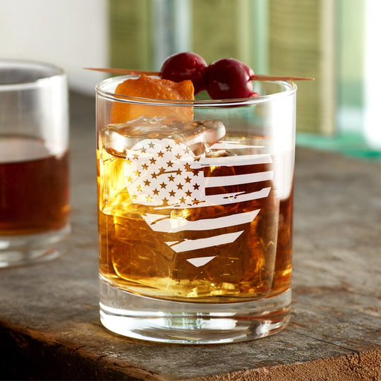 American Flag Rocks Glass - Engraved 12oz Rocks Glass Heart