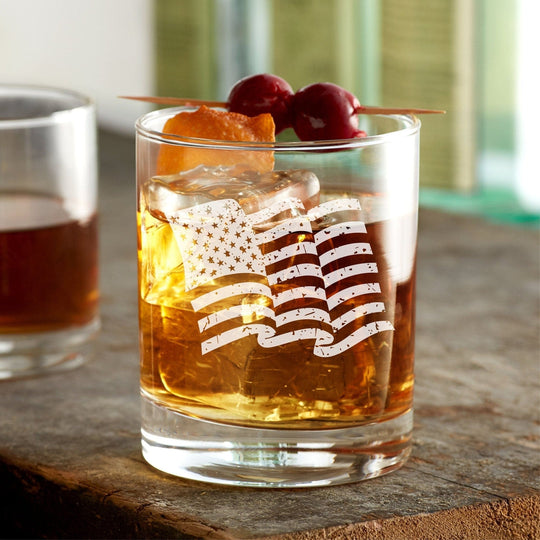 American Flag Rocks Glass - Engraved 12oz Rocks Glass Waving