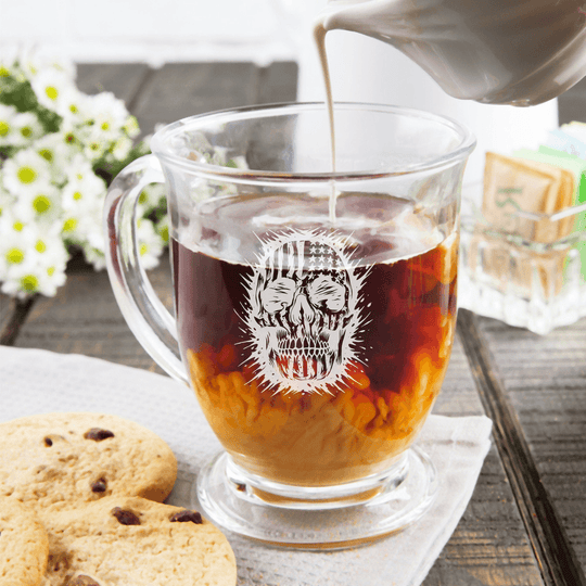 American Flag Skull Design Engraved on Glassware Coffee Mug - 16 oz