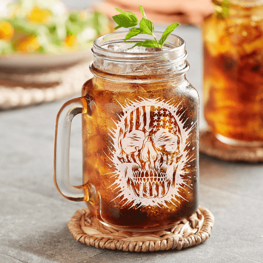 American Flag Skull Design Engraved on Glassware Mason Jar and Lid
