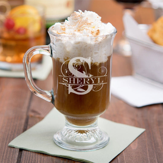 Coffee Lover Gift - Custom 8oz Glass Irish Coffee Mug Flourish