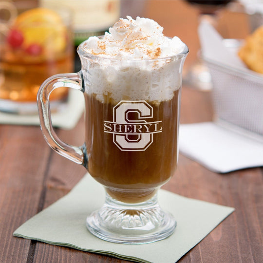 Coffee Lover Gift - Custom 8oz Glass Irish Coffee Mug Varsity