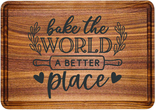 Custom engraved walnut wooden cutting board. Christmas gift presents walnut wood engraved custom cutting boards. Bake the World