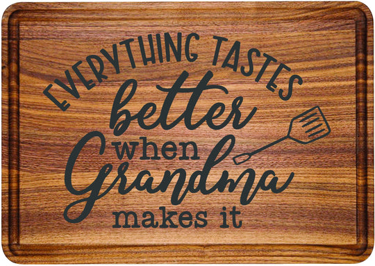 Custom engraved walnut wooden cutting board. Christmas gift presents walnut wood engraved custom cutting boards. Tastes Better