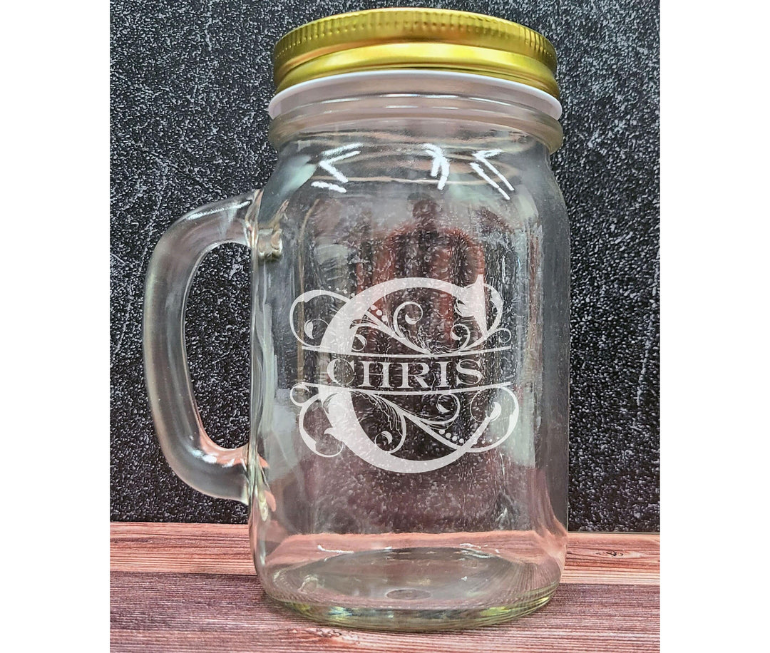 Custom Mason Jar with Lid - Personalized Engraved 16 oz Round Mason Jar Drinking Glass. Gifts for him, groomsmen gifts.