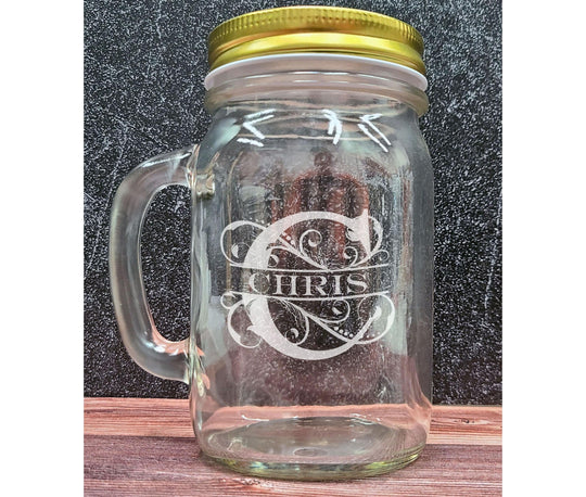 Custom Mason Jar with Lid - Personalized Engraved 16 oz Round Mason Jar Drinking Glass. Gifts for him, groomsmen gifts.