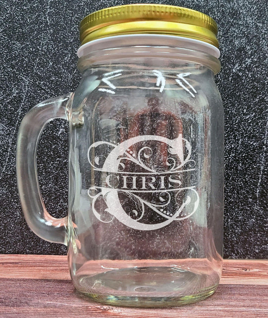 Custom Mason Jar with Lid - Personalized Engraved 16 oz Round Mason Jar Drinking Glass. Gifts for him, groomsmen gifts.