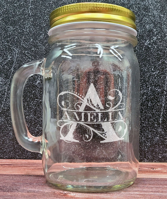 Custom Mason Jar with Lid - Personalized Engraved 16 oz Round Mason Jar Drinking Glass. Gifts for him, groomsmen gifts.