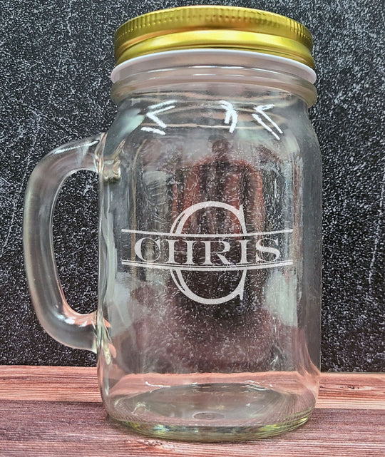 Custom Mason Jar with Lid - Personalized Engraved 16 oz Round Mason Jar Drinking Glass. Gifts for him, groomsmen gifts.