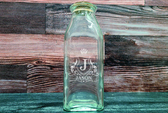 Custom Milk Bottle - Personalized Engraved Milk Bottle 11.75oz Square Glass with Cork Top - Custom Gifts for Her.