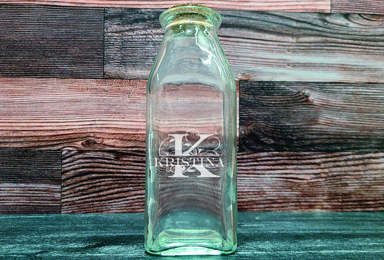 Custom Milk Bottle - Personalized Engraved Milk Bottle 11.75oz Square Glass with Cork Top - Custom Gifts for Her.
