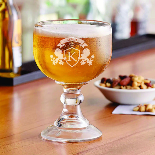 Custom Schooner Glass - Birthday Gift Goblet - Personalized 21oz Schooner with Heraldic Family Crest Initial Name