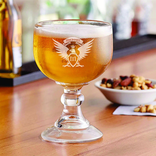 Custom Schooner Glass - Birthday Gift Goblet - Personalized 21oz Schooner with Heraldic Family Crest Initial Name