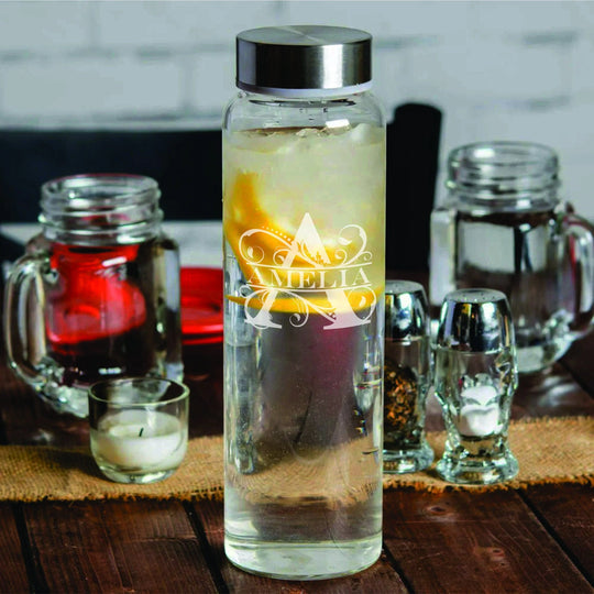 Engraved Glass Water Bottle - 33 oz. Glass Water Bottle with Metal Lid. Unique gifts for her custom engraved with name.