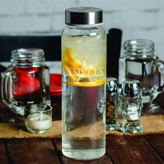 Engraved Glass Water Bottle - 33 oz. Glass Water Bottle with Metal Lid. Unique gifts for her custom engraved with name.