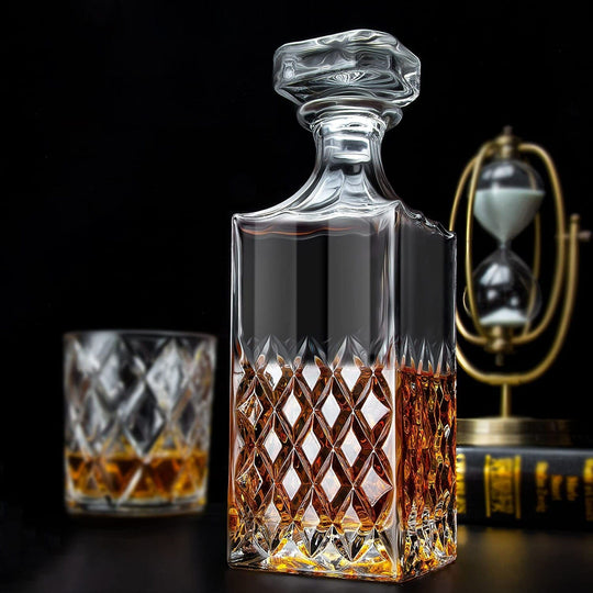 Engraved Whiskey Decanter Personalized - Diamond Pattern Cut 29oz Premium Whiskey Crystal Glass Decanter, Stopper in Box