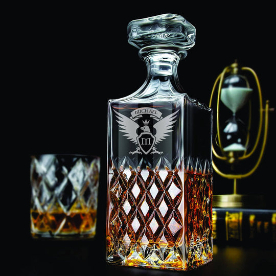 Engraved Whiskey Decanter Personalized - Diamond Pattern Eagle with Crown