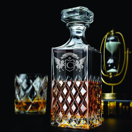 Engraved Whiskey Decanter Personalized - Diamond Pattern Pegasus