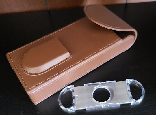 Leather Cigar Travel Case - Personalized flip top cigar holder and cutter with laser engraved monogram. Gifts for him.