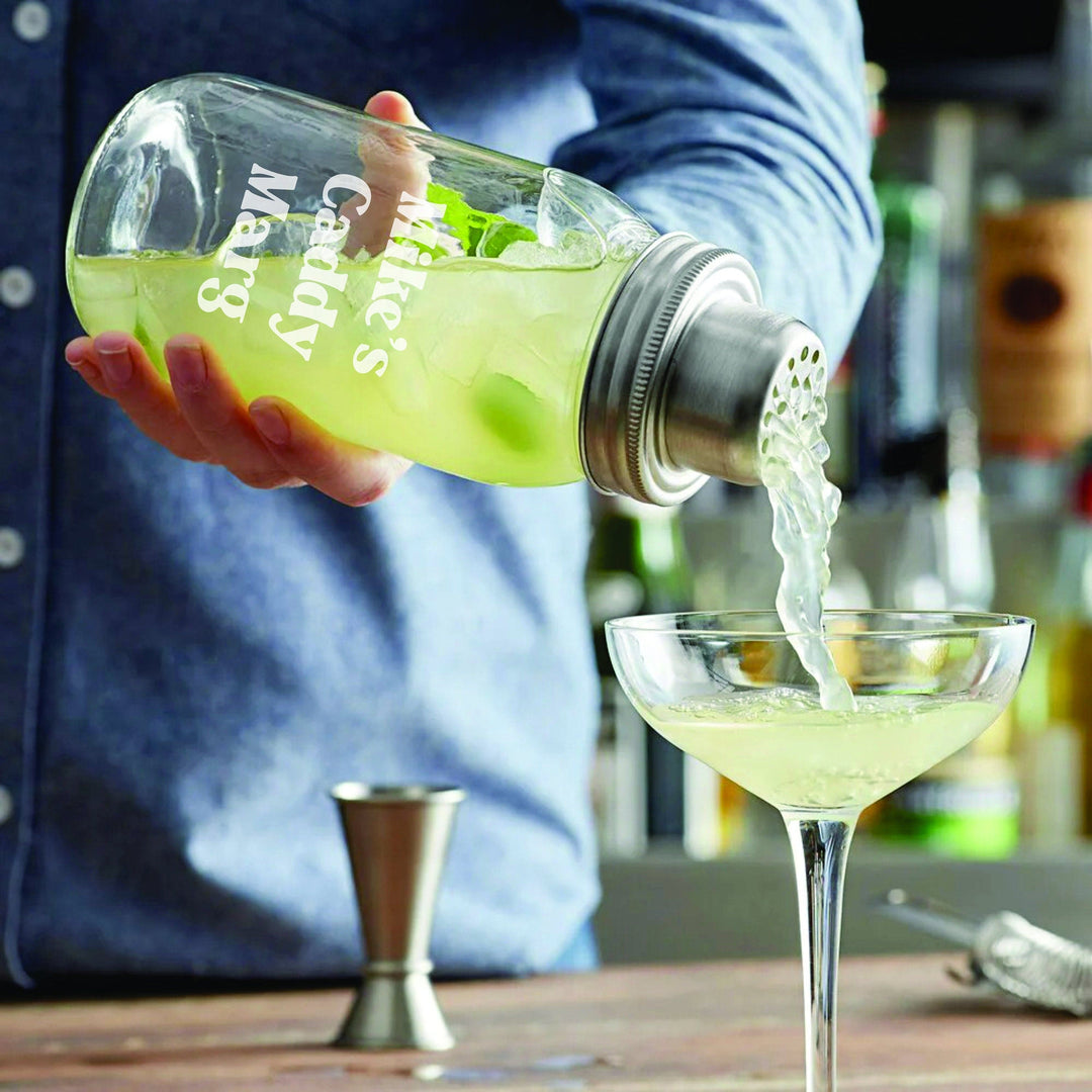 Mason Jar Cocktail Shaker - 25oz Glass Margarita Shaker, Strainer Lid, and Cap - Engraved Name. Christmas Gift Ideas.