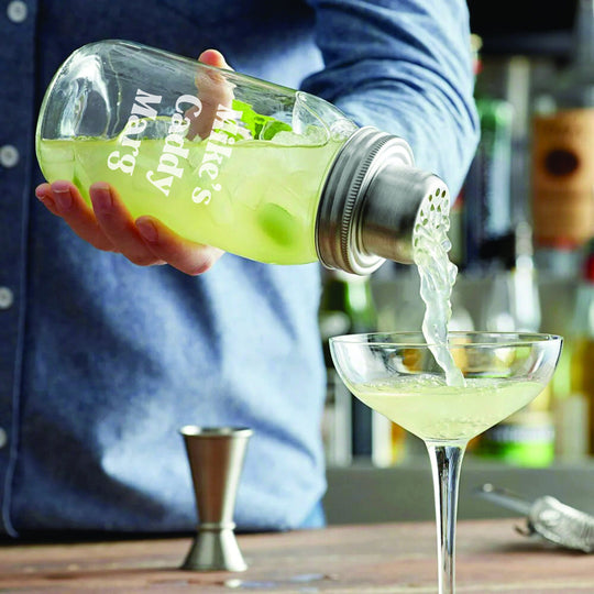 Mason Jar Cocktail Shaker - 25oz Glass Margarita Shaker, Strainer Lid, and Cap - Engraved Name. Christmas Gift Ideas.