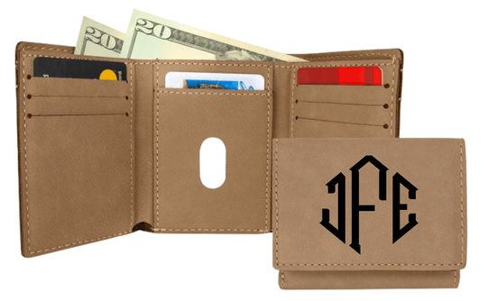 Personalized Trifold Leather Custom Wallet - Diamond Monogram Light Brown
