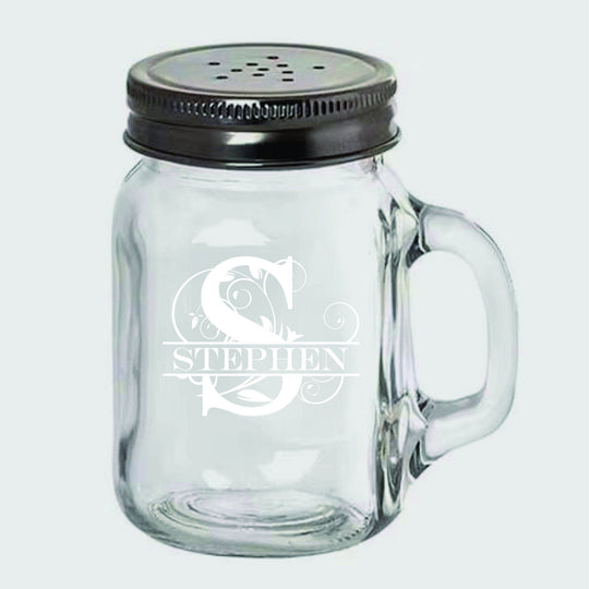 Salt and Pepper Shaker Set - Mason Jars with Handle, Lid Initial and Name