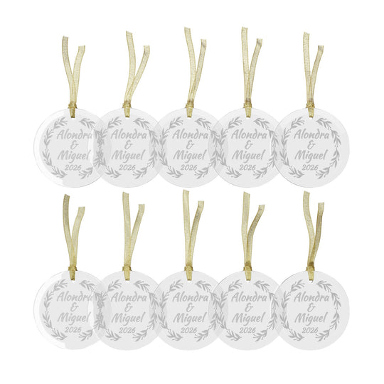 Personalized Christmas 2026 Glass Ornaments | Bride and Groom Names | Wedding Favors with Gold Ribbon