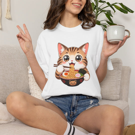 Cat Ramen Anime T-Shirt | Kawaii Cat Eating Ramen Noodles | Unisex Graphic Tee