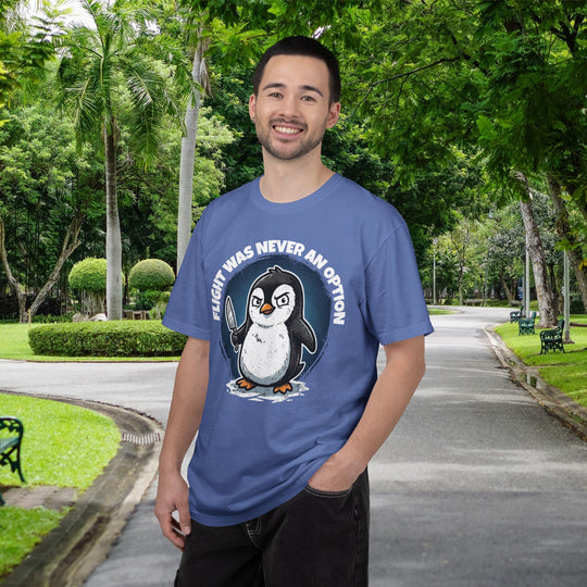 Flight Was Never An Option | Funny Penguin T-Shirt with Penguin Holding a Knife | Ironic Fight or Flight Response