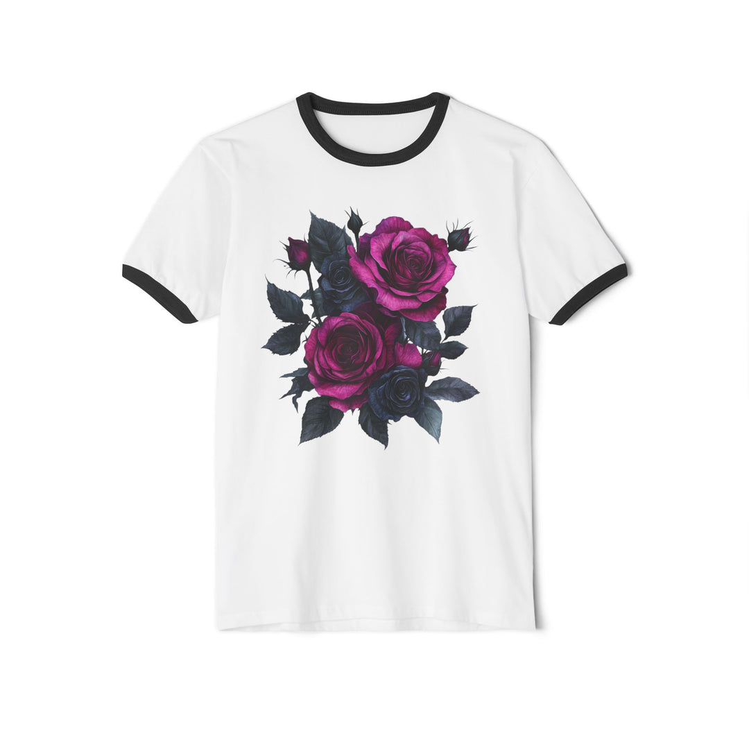 Pink &amp; Black Rose Floral Bouquet Ringer Tee | Vintage Romantic Graphic T-Shirt