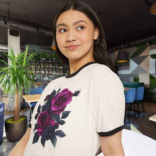 Pink &amp; Black Rose Floral Bouquet Ringer Tee | Vintage Romantic Graphic T-Shirt