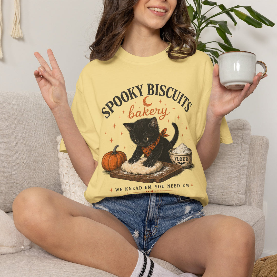 Funny Fall Spooky Biscuits T-Shirt | Cat Lovers Trendy Fall Shirt with "We Knead Them, You Need" Them Slogan