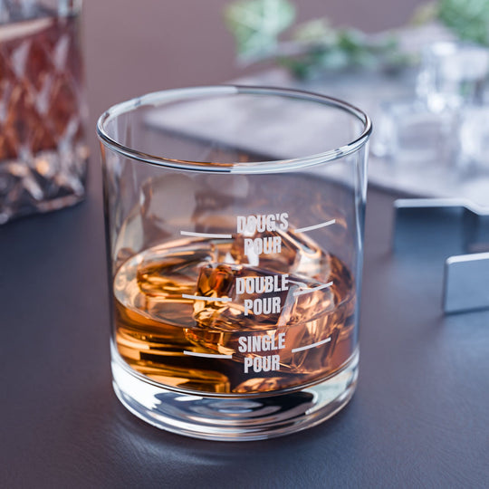 Personalized Pour Lines Measurement Rocks Glass, 10oz | Whiskey Glass with UV Printed Pour Lines | Custom Birthday or Retirement Gift