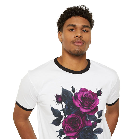 Pink &amp; Black Rose Floral Bouquet Ringer Tee | Vintage Romantic Graphic T-Shirt