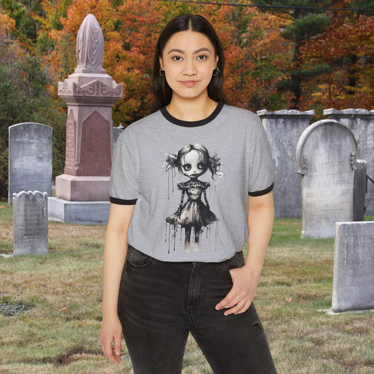 Creepy Watercolor Doll Fall Ringer Tee | Halloween Horror Graphic T-Shirt