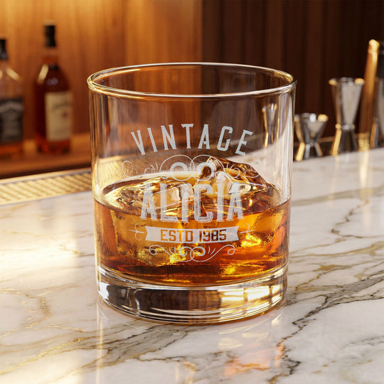 Engraved Vintage Rocks Glass Personalized with Name and Birth Year - Birthday Gift for Whiskey Lovers