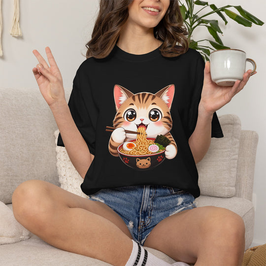Cat Ramen Anime T-Shirt | Kawaii Cat Eating Ramen Noodles | Unisex Graphic Tee