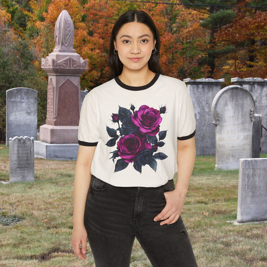 Pink &amp; Black Rose Floral Bouquet Ringer Tee | Vintage Romantic Graphic T-Shirt