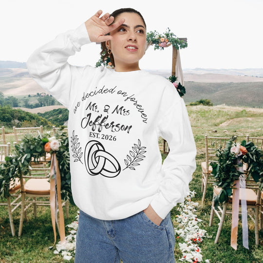 Personalized Mr. &amp; Mrs. Wedding Sweatshirt | Custom Last Name and Est. Date | Comfort Colors 1566 Pullover Sweatshirt