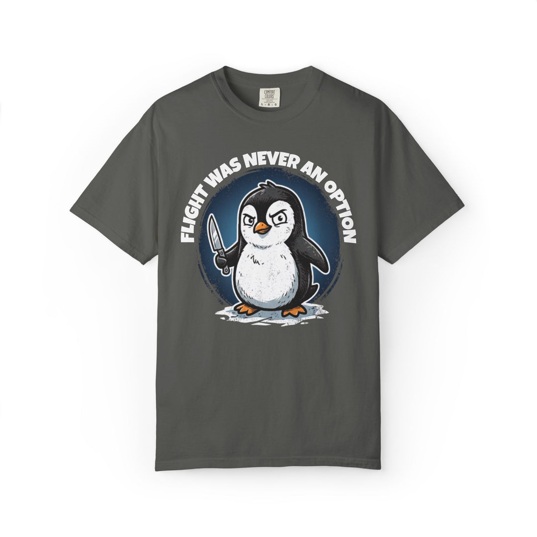 Flight Was Never An Option | Funny Penguin T-Shirt with Penguin Holding a Knife | Ironic Fight or Flight Response