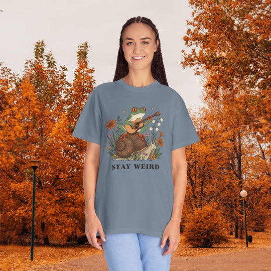Stay Weird Witchy Halloween Gothic Frog T-Shirt | Frog Playing Guitar Sunflower Tee Comfort Colors® Tee for Women